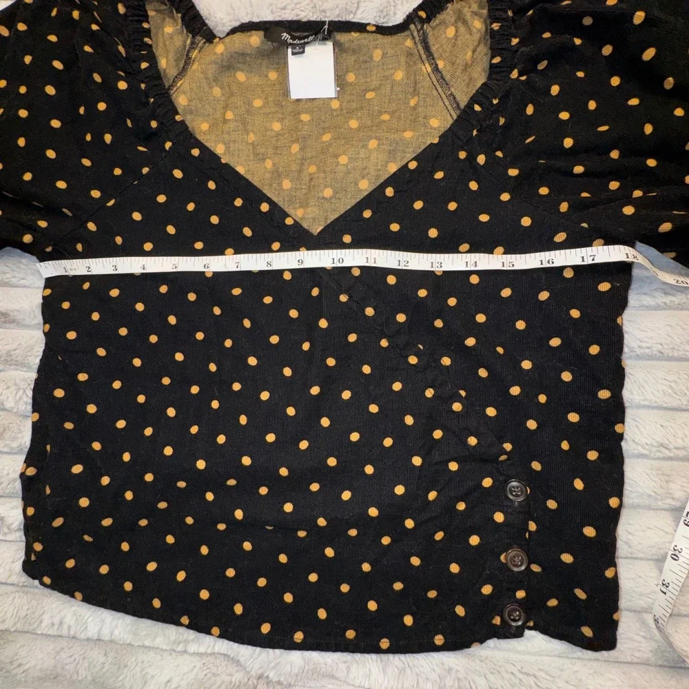 Madewell Womens Small Polka Dot Corduroy Faux Wrap Top Black Puff Sleeve Cottage